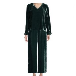 Eileen Fisher Top Pants M/L Green Velvet Set Lagenlook Viscose Silk Medium Large